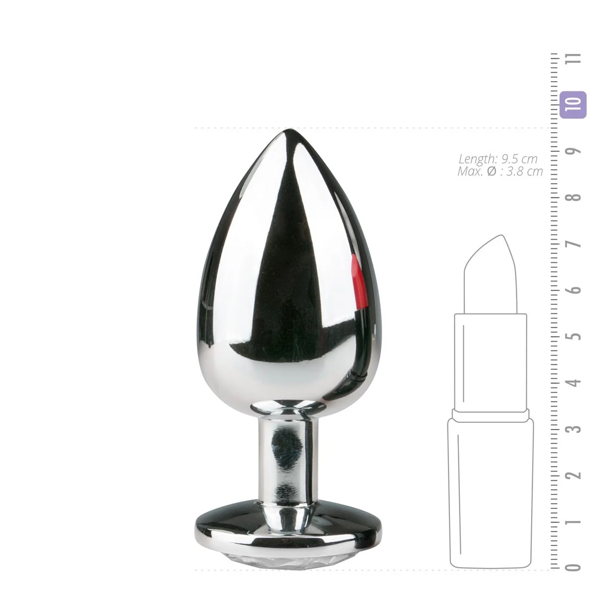 Zilverkleurige metalen buttplug met transparant kristal