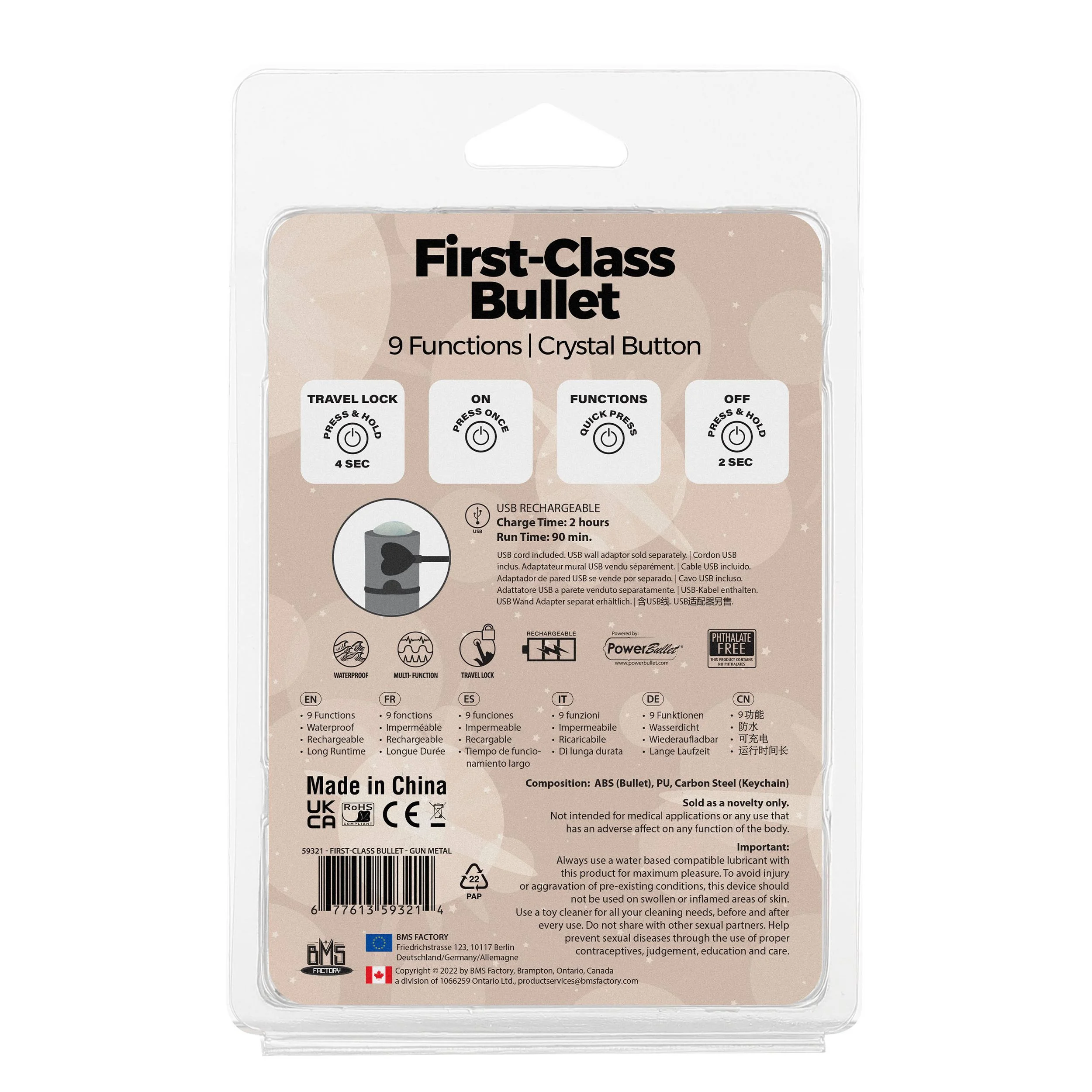 PowerBullet - First Class Mini Bulllet met Kristal 9 Standen Gun Metal