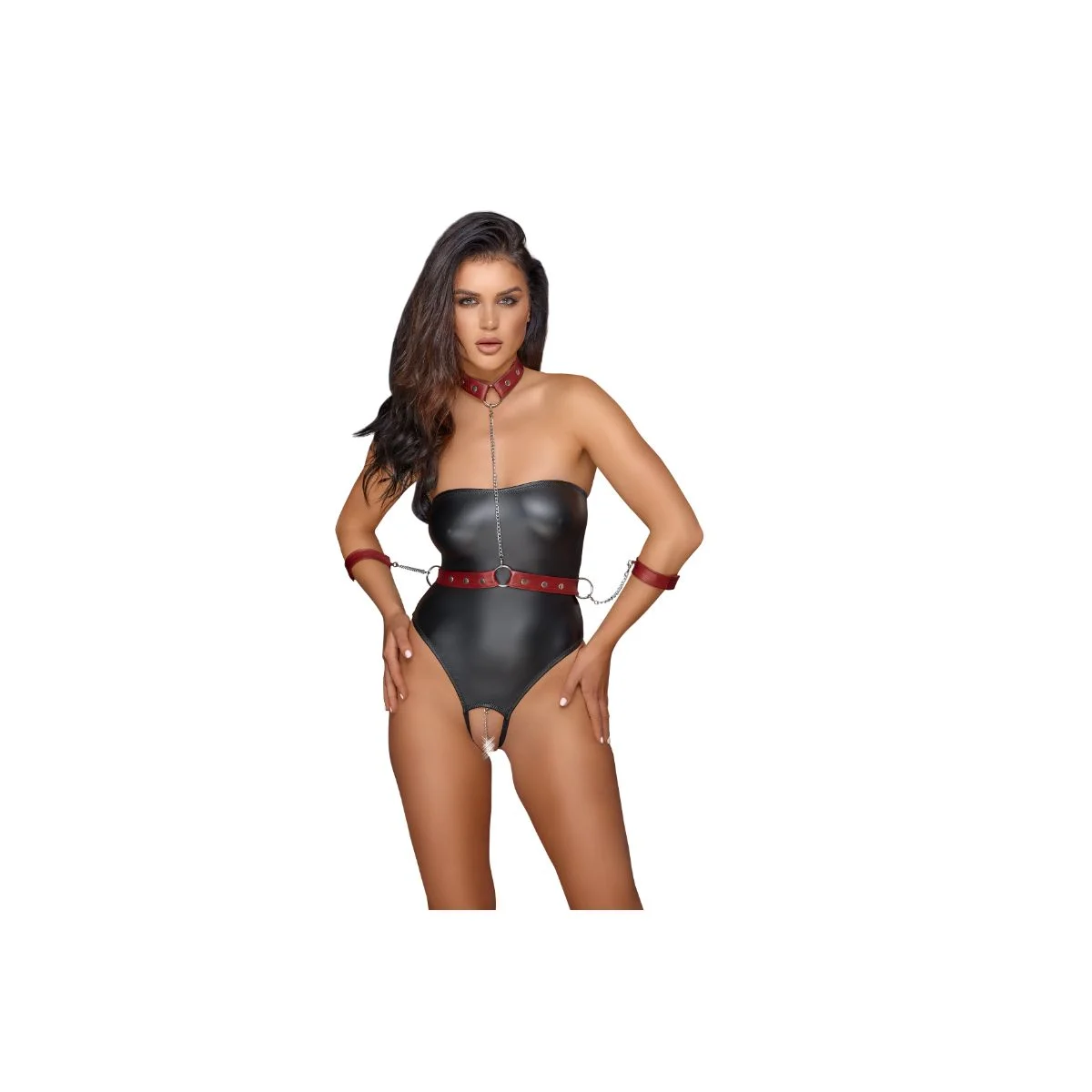Cottelli Bondage - Stringbody met Bondage Details - Zwart/Rood
