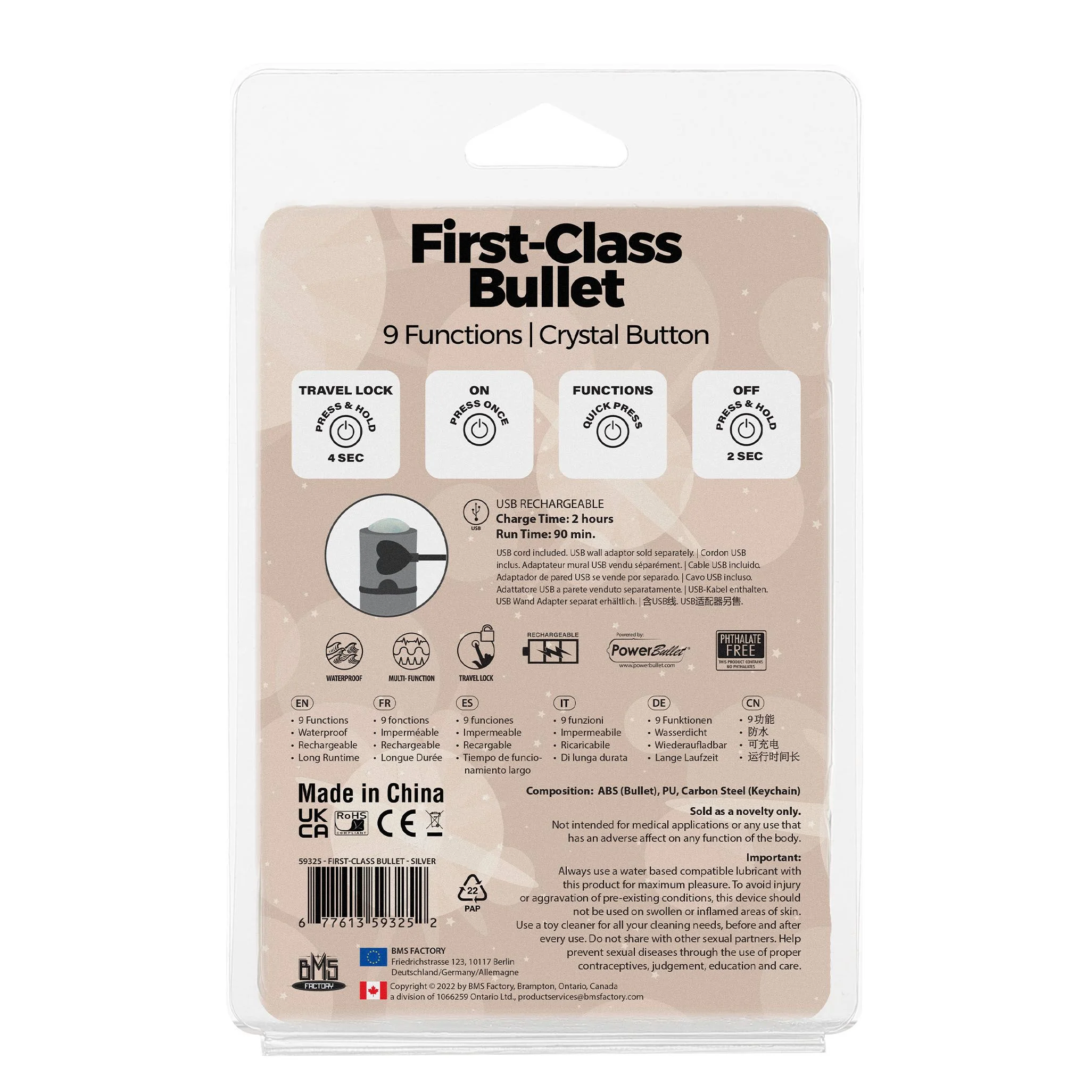 PowerBullet - First Class Mini Bulllet met Kristal 9 Standen Zilver