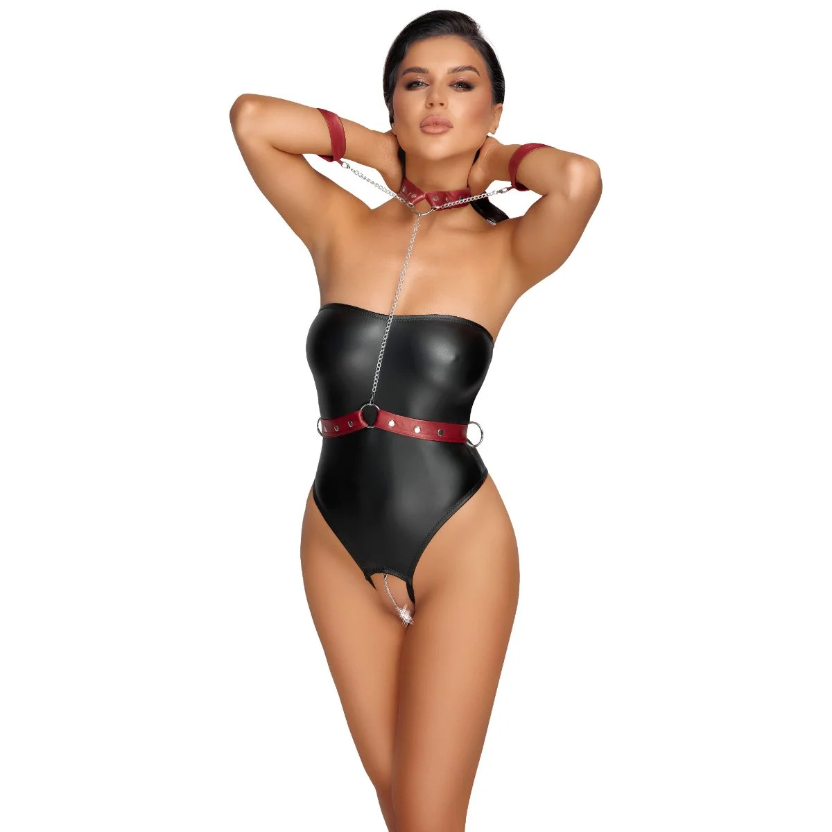 Cottelli Bondage - Stringbody met Bondage Details - Zwart/Rood