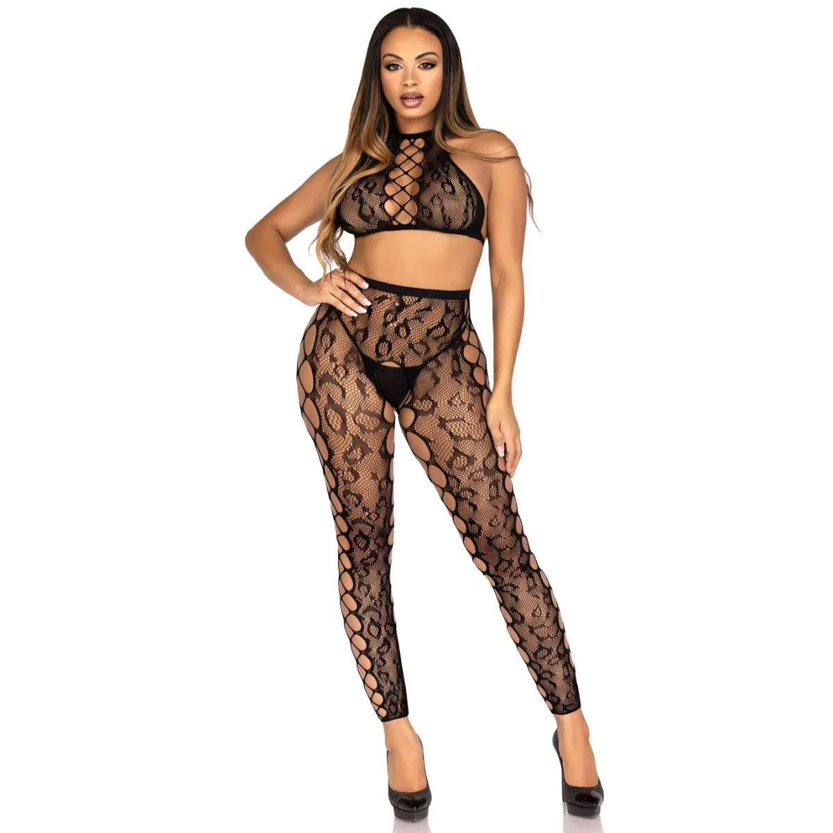 Leg Avenue - Crop Top en Open Kruis Panty - Zwart