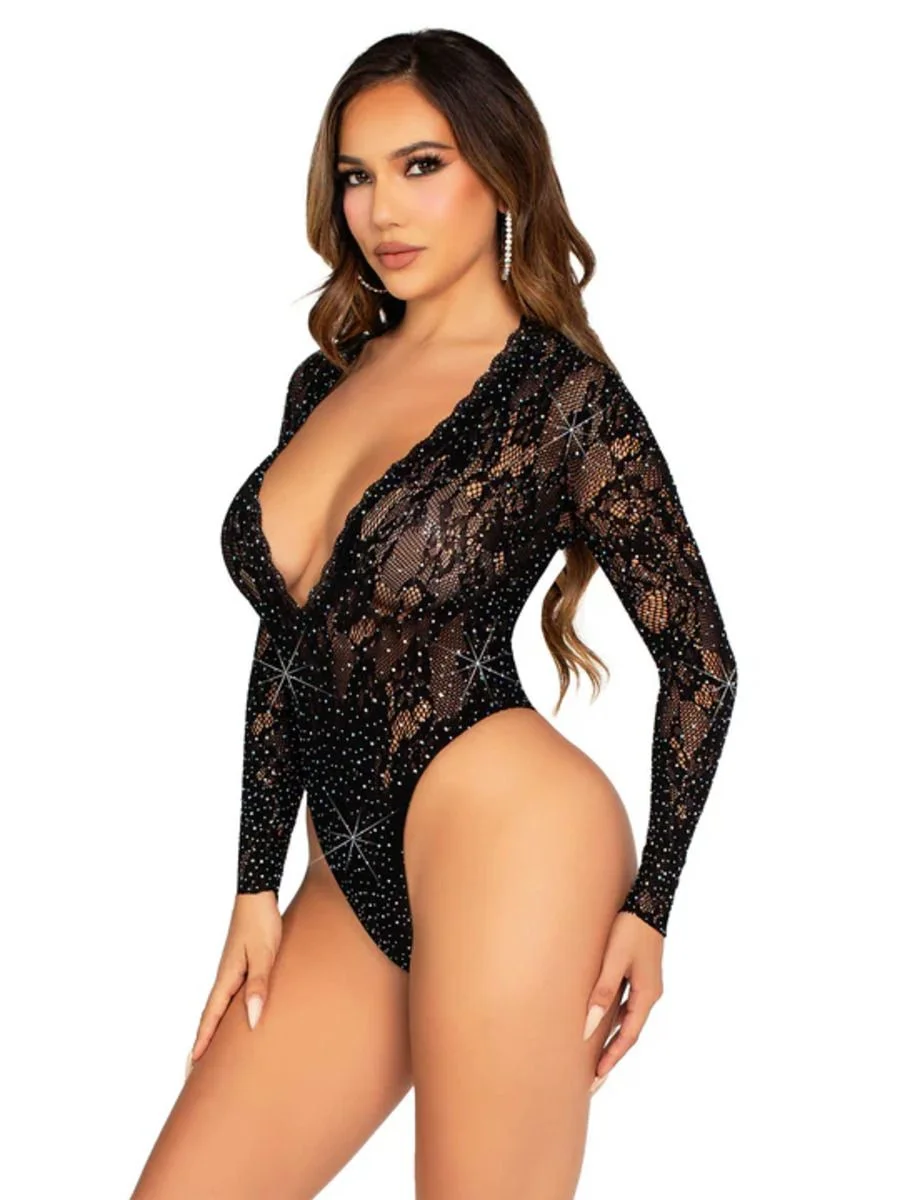 Leg Avenue – Kant Bodysuit met Deep-V Hals – Zwart