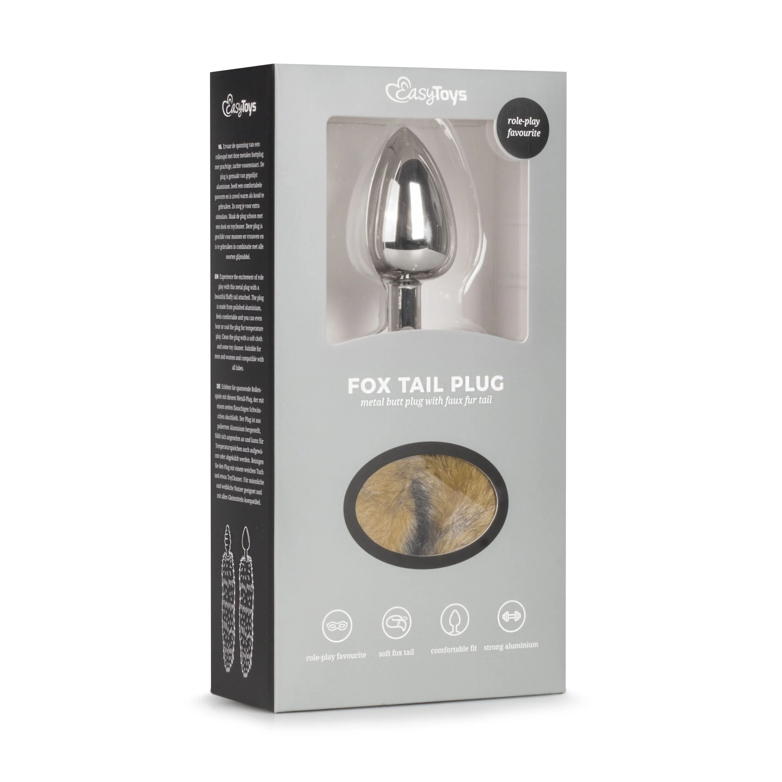 Medium zilverkleurige buttplug met gestreepte vossenstaart