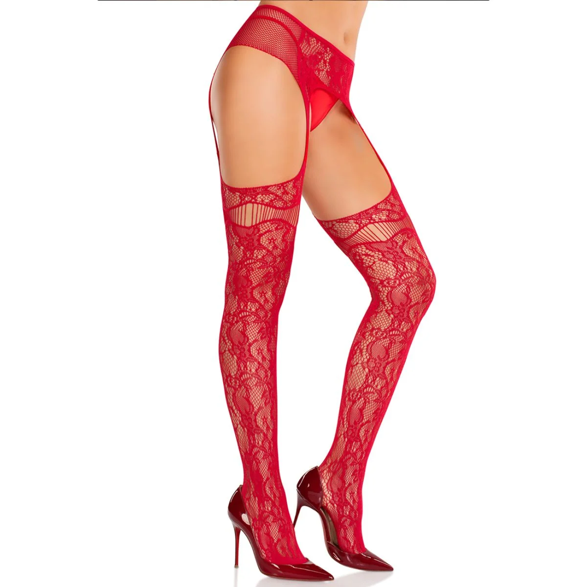 Leg Avenue - Net Stockings Garter Belt - Rood